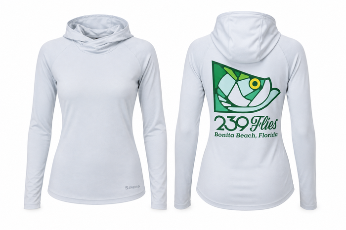 Women's Simms Solarflex Hoody in Bimini Blue with stained glass tarpon graphic back and UPF 50+ sun protection
