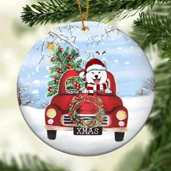 X-mas Dog In Red Truck Circle Ceramic Ornament, Personalized Dog Lovers Decorative Christmas Ornament
