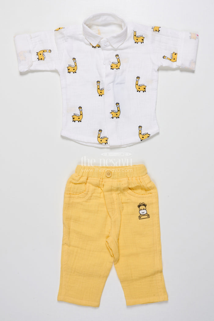 The Nesavu Boys Casual Set Yellow Baby Boy Casual Set with Printed Muslin Shirt and Pants Nesavu Nesavu yellow baby boy cotton casual set fun digital prints playtime daily wear