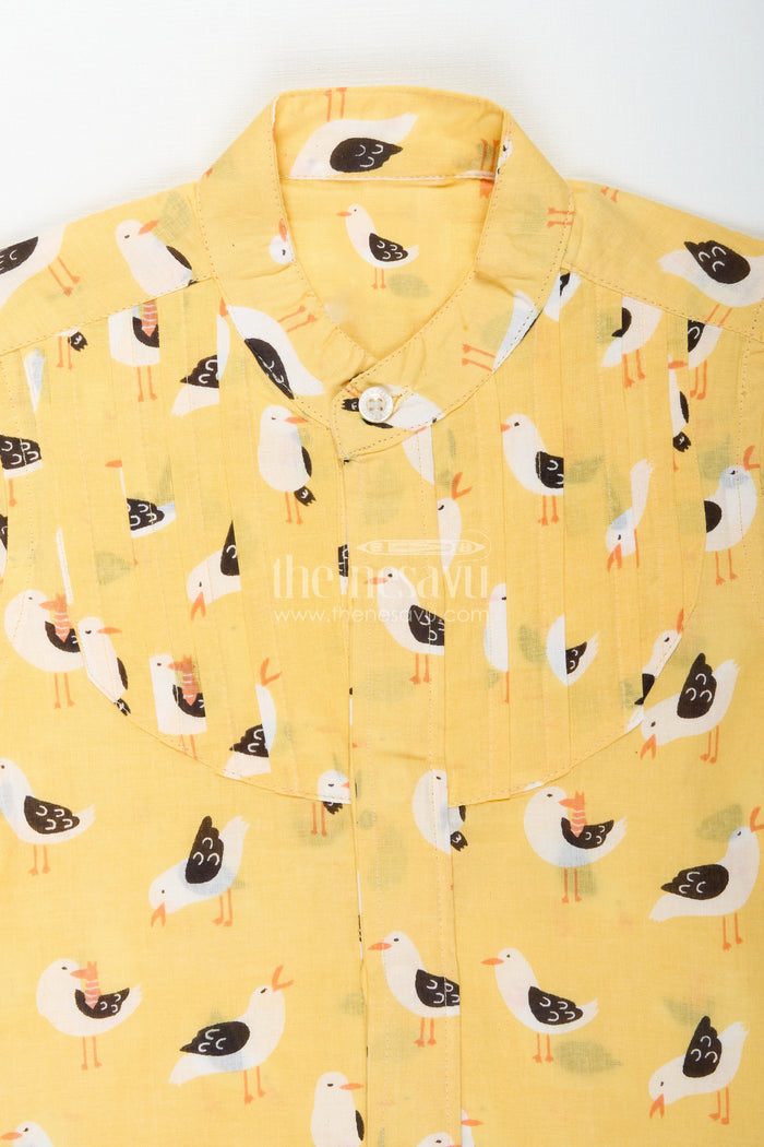 The Nesavu Boys Cotton Shirt Yellow Bird Print Boys Cotton Shirt with Mandarin Collar Lightweight & Stylish Nesavu Nesavu Boys Bird Print Cotton Shirt Daily Wear Pleated Front Comfortable Mandarin Collar