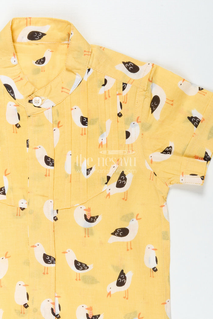 The Nesavu Boys Cotton Shirt Yellow Bird Print Boys Cotton Shirt with Mandarin Collar Lightweight & Stylish Nesavu Nesavu Boys Bird Print Cotton Shirt Daily Wear Pleated Front Comfortable Mandarin Collar