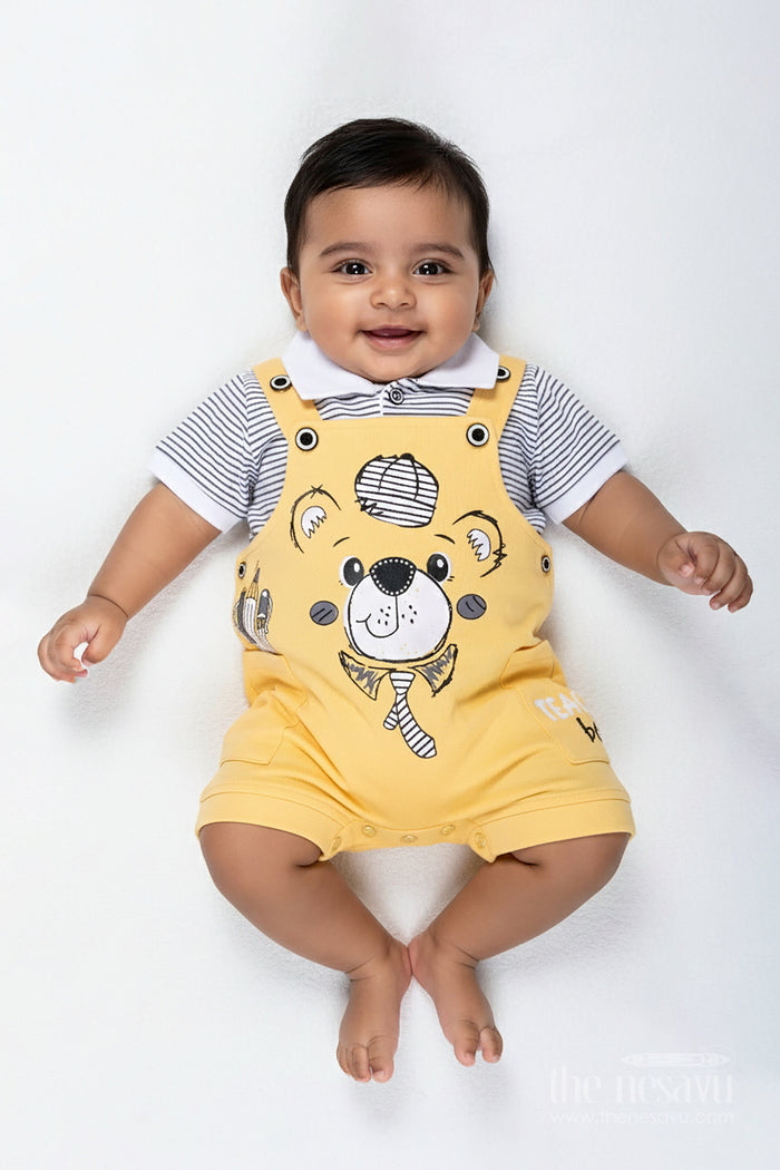 The Nesavu Boys Casual Set Yellow Casual Dress Outfit for Boys with Cotton Animal Digital Print and Playful Dungaree Style Nesavu 14 (6M) / Yellow BCS291B-14 Nesavu Yellow Cotton Boys Casual Dress Outfit Animal Print Dungaree Set