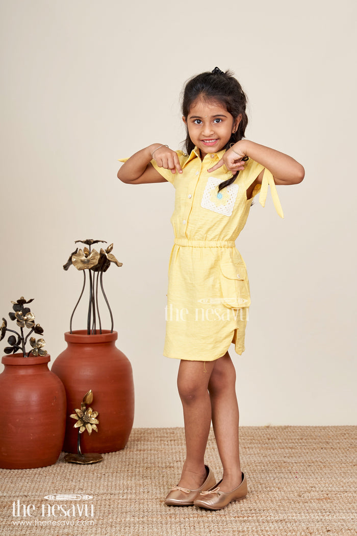 The Nesavu Girls Cotton Frock Yellow collared cotton frock with crochet detail for girls Nesavu 22 (4Y) / Yellow GFC1959B-22 Nesavu girls yellow cotton frock with collar and crochet pocket for casual summer wear