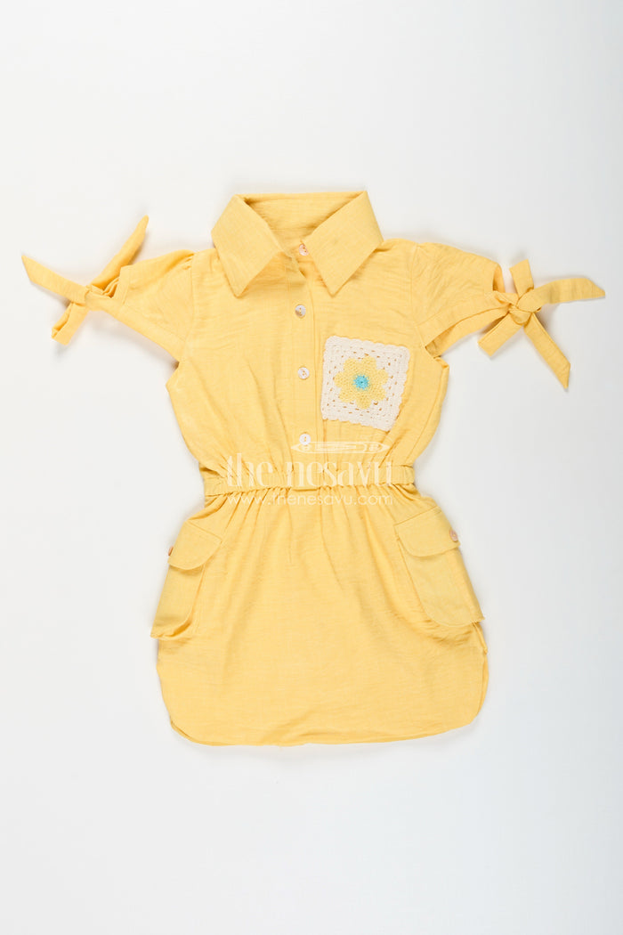 The Nesavu Girls Cotton Frock Yellow collared cotton frock with crochet detail for girls Nesavu Nesavu girls yellow cotton frock with collar and crochet pocket for casual summer wear