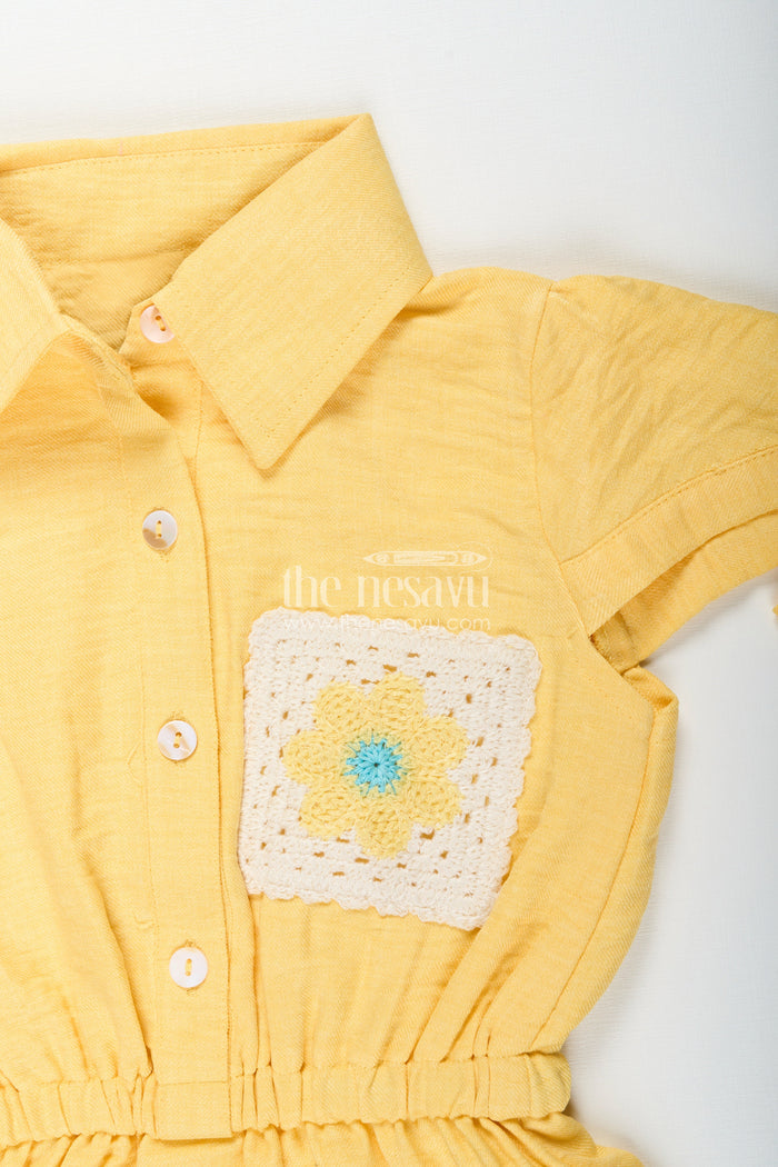 The Nesavu Girls Cotton Frock Yellow collared cotton frock with crochet detail for girls Nesavu Nesavu girls yellow cotton frock with collar and crochet pocket for casual summer wear