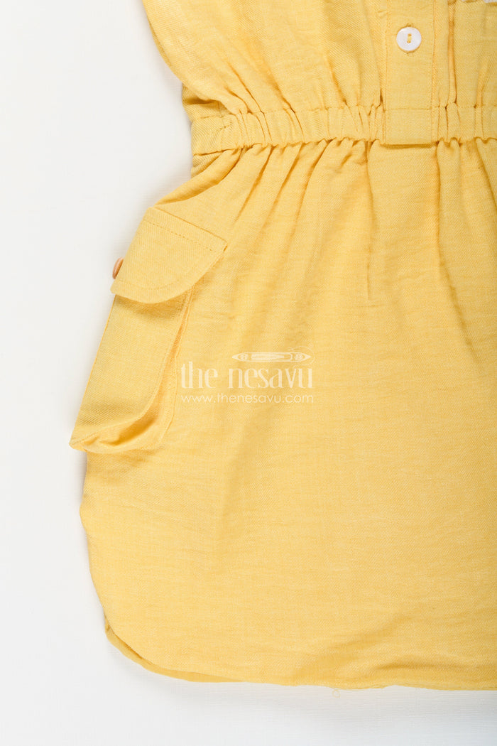 The Nesavu Girls Cotton Frock Yellow collared cotton frock with crochet detail for girls Nesavu Nesavu girls yellow cotton frock with collar and crochet pocket for casual summer wear