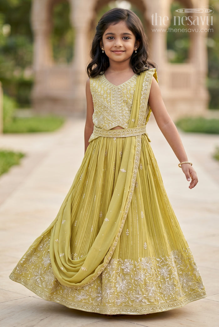 The Nesavu Girls Lehenga Choli Yellow Embroidered Lehenga Choli for Girls Nesavu 18 (2Y) / Green GL681B-18 Nesavu Mustard Yellow Lehenga Choli Set Girls Dupatta Floral Embroidery
