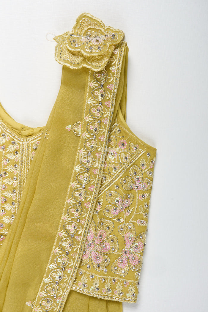 The Nesavu Girls Lehenga Choli Yellow Embroidered Lehenga Choli for Girls Nesavu Nesavu Mustard Yellow Lehenga Choli Set Girls Dupatta Floral Embroidery