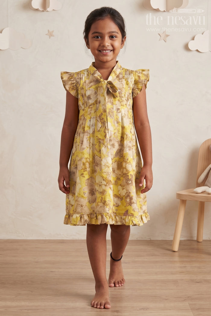The Nesavu Girls Cotton Frock Yellow Floral Girls' Cotton Summer Dress with Flutter Sleeves Nesavu 16 (1Y) / Yellow GFC1341A-16 Nesavu Yellow Floral Cotton Summer Dress for Girls with Flutter Sleeves