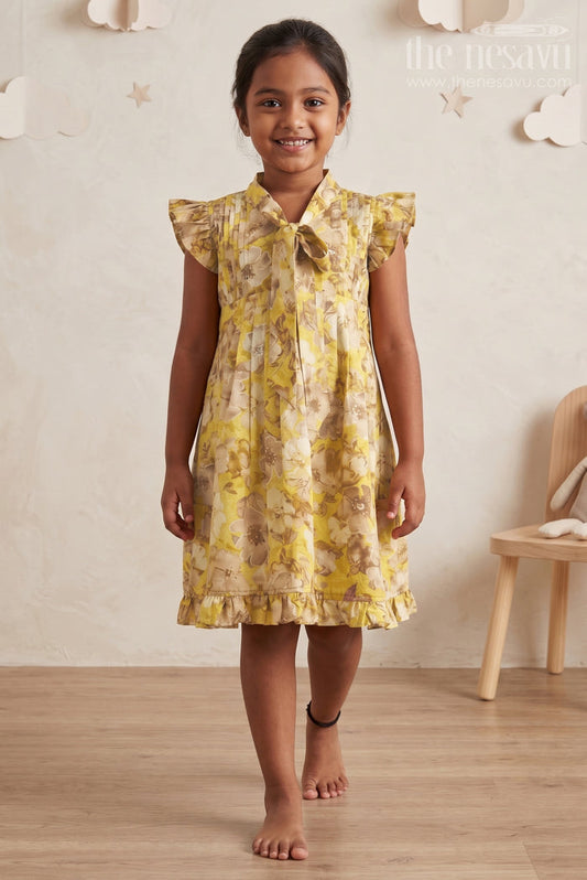 The Nesavu Girls Cotton Frock Yellow Floral Girls' Cotton Summer Dress with Flutter Sleeves Nesavu 16 (1Y) / Yellow GFC1341A-16 Nesavu Yellow Floral Cotton Summer Dress for Girls with Flutter Sleeves