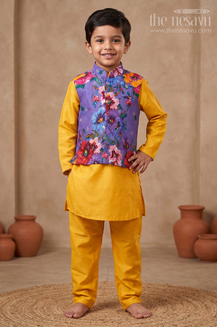 The Nesavu Boys Jacket Sets Yellow Kurtha Boys Jacket Set with Vibrant Floral Embroidery Jacket in Viscose Blend and Coordinated Bottoms Nesavu 12 (3M) / Yellow BES672B-12 Yellow Kurtha Boys Jacket Set with Floral Print Sequence Embroidered Jacket | The Nesavu