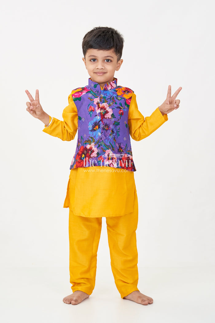 The Nesavu Boys Jacket Sets Yellow Kurtha Boys Jacket Set with Vibrant Floral Embroidery Jacket in Viscose Blend and Coordinated Bottoms Nesavu 12 (3M) / Yellow BES672B-12 Nesavu Yellow Kurtha Boys Jacket Set with Floral Print Sequence Embroidered Jacket and Viscose Blend Fabric