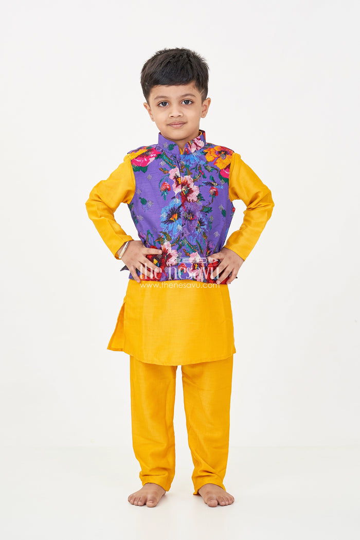 The Nesavu Boys Jacket Sets Yellow Kurtha Boys Jacket Set with Vibrant Floral Embroidery Jacket in Viscose Blend and Coordinated Bottoms Nesavu Nesavu Yellow Kurtha Boys Jacket Set with Floral Print Sequence Embroidered Jacket and Viscose Blend Fabric