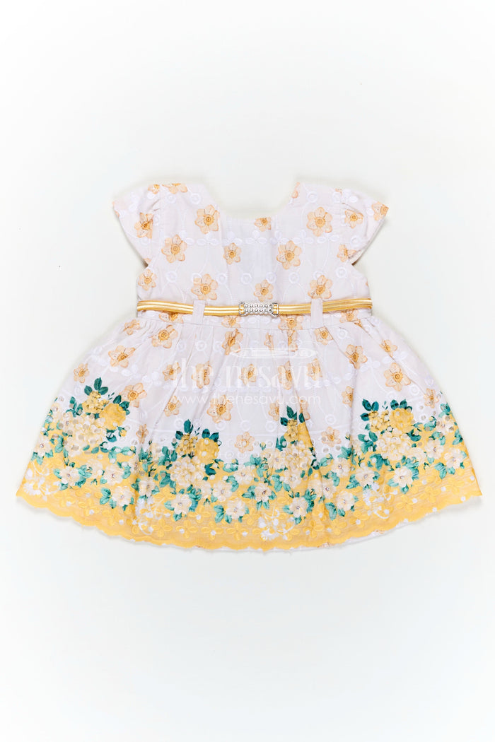 The Nesavu Baby Cotton Frocks Yellow Newborn Outfit in Hakoba Cotton with Floral Detailing and Rhinestone Belt for Girls Nesavu 14 (6M) / Yellow BFJ808C-14 Nesavu Yellow Newborn Outfit Girls Hakoba Cotton Floral Print Satin Belt Accent