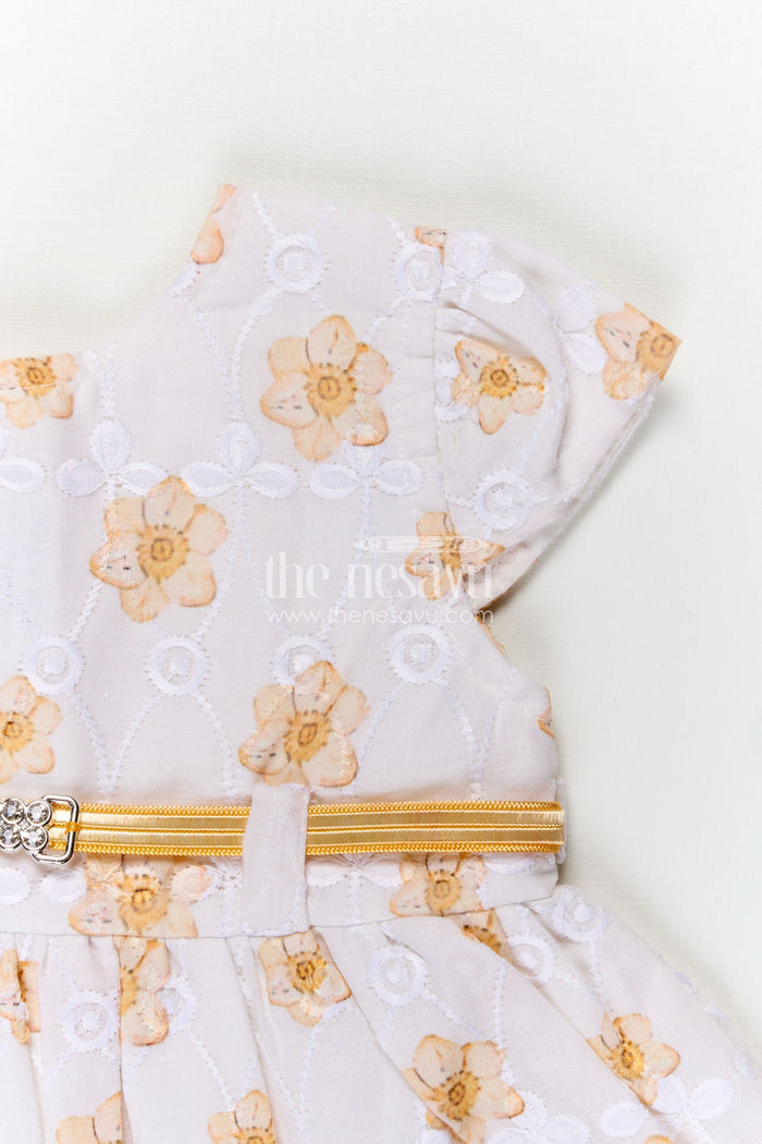 The Nesavu Baby Cotton Frocks Yellow Newborn Outfit in Hakoba Cotton with Floral Detailing and Rhinestone Belt for Girls Nesavu Nesavu Yellow Newborn Outfit Girls Hakoba Cotton Floral Print Satin Belt Accent
