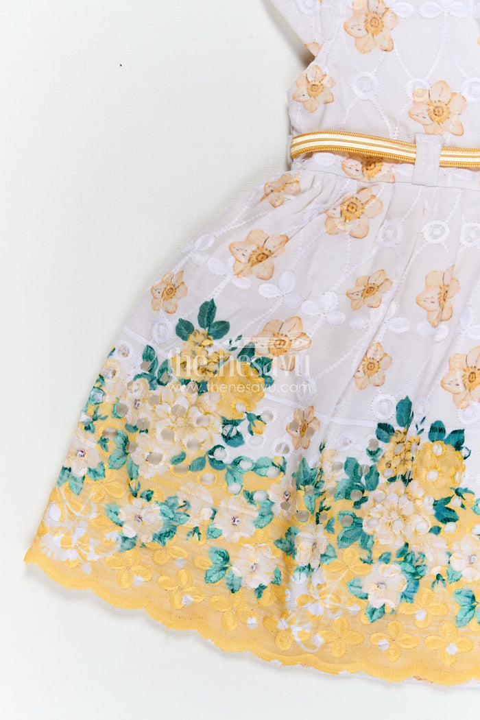The Nesavu Baby Cotton Frocks Yellow Newborn Outfit in Hakoba Cotton with Floral Detailing and Rhinestone Belt for Girls Nesavu Nesavu Yellow Newborn Outfit Girls Hakoba Cotton Floral Print Satin Belt Accent