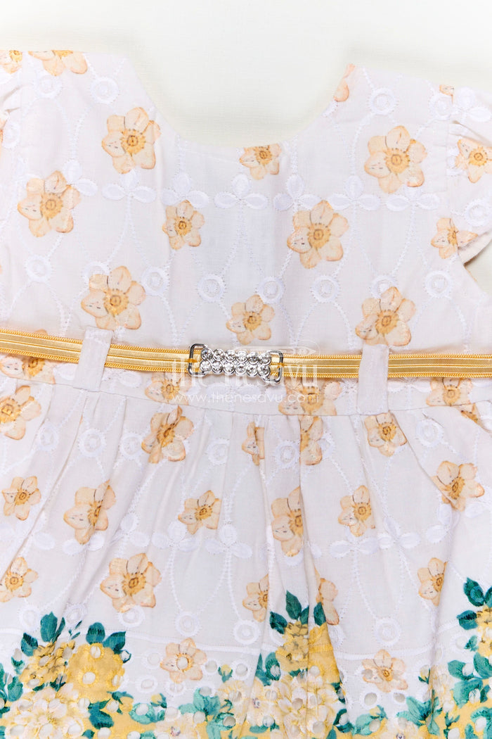 The Nesavu Baby Cotton Frocks Yellow Newborn Outfit in Hakoba Cotton with Floral Detailing and Rhinestone Belt for Girls Nesavu Nesavu Yellow Newborn Outfit Girls Hakoba Cotton Floral Print Satin Belt Accent