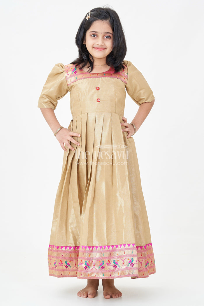 The Nesavu Girls Silk Gown Yellow Silk Gown for Girls in Tissue Silk with Traditional Paithani Border and Short Sleeves Nesavu Yellow Silk Gown Girls Tissue Fabric Paithani Border Traditional Pleats | The Nesavu